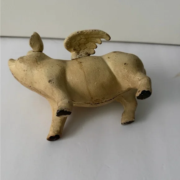 Vintage Piggy Bank Cast Iron Pig Wings Flying Rustic Farmhouse Coin Bank